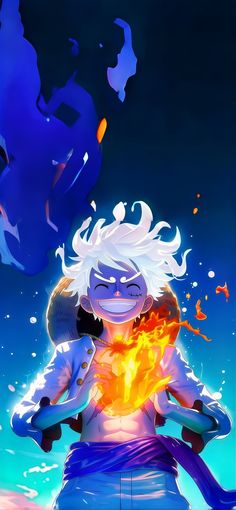 an image of a cartoon character with fire coming out of his chest and holding another character's head