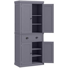 an open cabinet with two doors and shelves