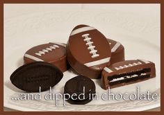 chocolate covered footballs and oreo cookies on a plate with the words, and dipped in chocolate