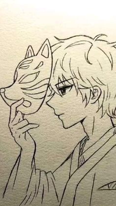 a drawing of an anime character holding a cat in his right hand and looking at the camera