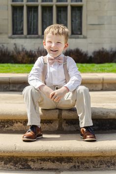 These tan suspenders and blush bow tie make a great ring bearer outfit! Weddings Dress, Boho Beach Wedding, Bowtie And Suspenders