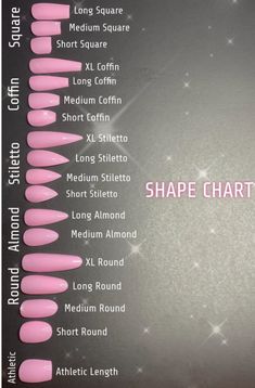 Nails Chart Shape, Acrylic Nail Length And Shape Chart, Gel Nail Styles Shape, Nails Acrylic Size Chart, Red Nails Acrylic Easy, Length Of Acrylic Nails Chart, Nails 2023 Trend Colors, Nail Inspo Shape, Acrylic Nail Designs Shapes