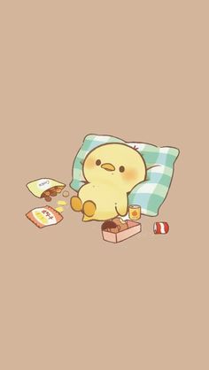 a cartoon character laying in bed with food on the floor next to him and his teddy bear