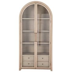 an arched glass door cabinet with drawers on the front and bottom shelves in white wood