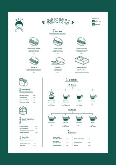 the menu for a restaurant is shown in green and white, as well as an image of