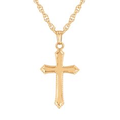 This 14k gold-filled cross pendant necklace features a sleek and polished design. The cross has elegant pointed ends and beaded details, giving it a contemporary yet timeless appearance. Perfect for everyday wear or as a meaningful gift, this necklace combines sophistication and faith in one stunning piece. The cross pendant measures 22mm in length and 15mm in width and comes suspended from a 22 inch 14k gold-filled chain. Christian Crosses, Cross Gold, Beaded Edge, Funky Jewelry, Christian Cross, Cross Jewelry, Cross Pendant Necklace, Elegant Necklaces, Gold Filled Chain