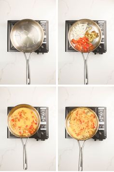 four pictures showing how to cook an omelet with onions and tomatoes on the stove