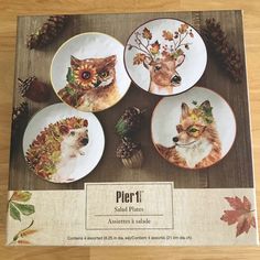 four plates with animals painted on them sitting on a wooden table next to pine cones