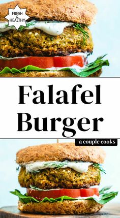 two pictures of a burger with lettuce, tomato and cheese on it in front of the words falafel burger