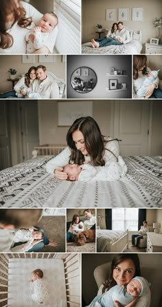 a collage of photos shows a woman holding her baby while she sleeps on the bed