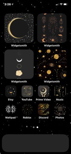 an iphone screen showing the zodiac signs and their corresponding symbols in gold, black and white