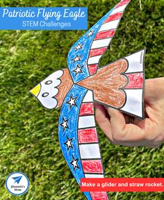 a hand holding a paper airplane with stars and stripes painted on it in the grass