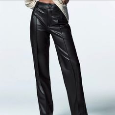 Zara, Gorgeous Black Faux Leather Pants Francoise Pants, High Waisted Black Trousers, High Waisted Straight Leg Pants, Zara Leather Pants, Red Dress Pants, Professional Pants, Brown Leather Pants, Pleather Pants, Straight Cut Pants