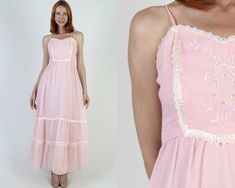 Vintage 70s prairie wedding dress. Tailored empire bodice with embroidered chest detail. Fitted waist with draped frull skirt. Pink cotton blend material. Dress is lined and zips up the back.  Great vintage condition. size estimate: S shoulders: - bust: 32" waist: 25" hips: 40" total length: 54.5" * Visit the shop * https://www.etsy.com/shop/americanarchive Model is 5'9" and measures 32" bust, 25" waist, 34" hips. Belts/accessories are not included unless noted in the description Prairie Wedding Dress, Sundress Vintage, 70s Prairie, Prairie Wedding, Prairie Dresses, 1970s Dresses, Summer Cottage, Inspired Dress, Pink Cotton