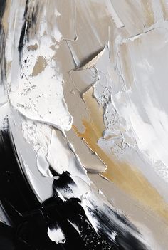 an abstract painting with black, white and gold colors