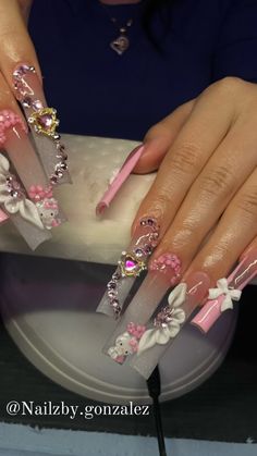 Long Nails With Charms, Nails With Charms, Hard Gel Nails, Cute Acrylic Nail Designs