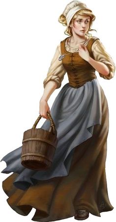 a painting of a woman holding a basket and wearing a dress with an apron on it