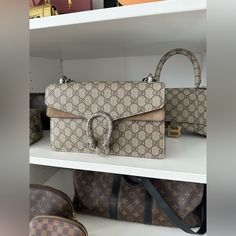 Small Gucci Dionysus, In Gg + Taupe Suede. Excellent Condition, Only Used A Few Times - And Stored In My Closet. Shows Normal Signs Of Wear (See Images) 10"W X 5.5"H X 3"D Retail: $2,980 Beige Gucci Pouch Bag, Classic Gucci Bags With Gold-tone Hardware, Gucci Beige Bags With Turn-lock Closure, Gucci Beige Bags With Gold-tone Hardware, Gucci Leather Bags With Gold-tone Hardware, Gucci Dionysus, Gucci Bag, 3 D, Bag Lady