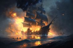 a painting of a pirate ship on fire in the ocean