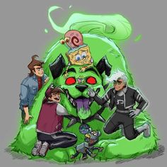 an image of some cartoon characters in front of a green monster with two men standing next to it