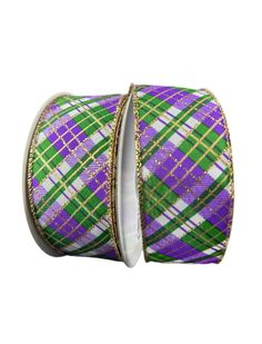 Mardi Gras plaid glitter wired ribbon 1.5” - Greenery MarketWired ribbon72424 - 09 - 01 Glitter