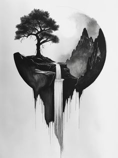 a black and white drawing of a waterfall with a tree on top