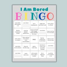 i am bored bingo game with the words'i am bored'in different colors