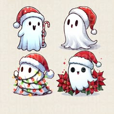 three cartoon ghostes wearing christmas hats and scarfs