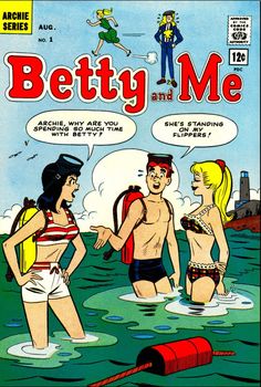 the cover to betty and me comic, with two women in bathing suits talking to each other