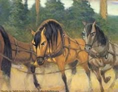 three horses are pulling a plow with two men in the back and one man behind them