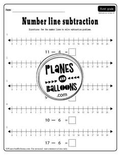 a number line subtraction worksheet with the words planes and balloons on it