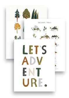 three cards with the words, let's adventure and an image of trees on them