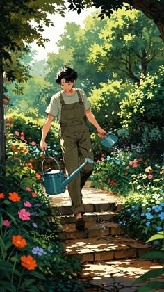 a painting of a man walking up some steps with a watering can in his hand