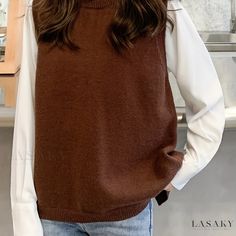 Lasaky - Womens Spring and Fall Apparel: Sleeveless Crew Neck Loose Sweater featuring a Solid Button Back Knit Vest Fall Apparel, Fall Care, Loose Sweater, Casual Fit, Knit Vest, Chest Pad, Spring And Fall, Womens Vest, Fall Outfits