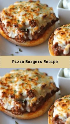 two pictures of pizza burgers with cheese and sauce