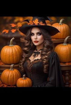 a woman wearing a witches hat and black dress standing in front of pumpkins with her hands on her hips