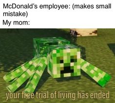 an image of a minecraft creeper with text that reads mcdonald's employee makes small make my mom your free trial of living has ended