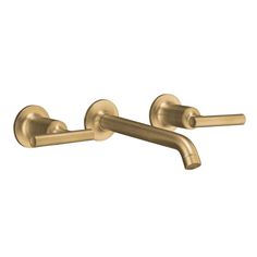 an image of two handles on a wall mounted faucet in polished brass finish