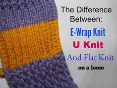 a pair of knitted mitts sitting on top of a white sheet with text that reads the difference between e - wrap knit u - knit and flat knit