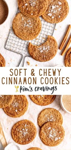 soft and chewy cinnamon cookies on a cooling rack with cinnamon sticks in the background