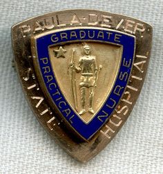 a blue and gold badge with a man on it that says graduate practical nurse university