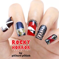 Lacquertude-Rocky-Horror-Nail-Art1 Nail Artwork, Rocky Horror Show, Nail Collection, Picture Polish, The Rocky Horror Picture Show, Inspired Nails, Horror Picture Show, Rocky Horror Picture Show