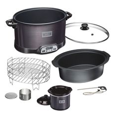 an electric pressure cooker and other kitchen items including pots, pans and utensils