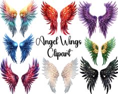 angel wings clipart with different colors and designs on it's sides, all in different