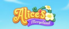 the logo for alice's mergeland with flowers and leaves on it, against a blue sky