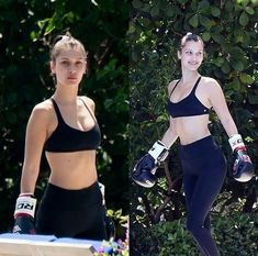 two women in black sports bra tops and leggings, one is wearing boxing gloves