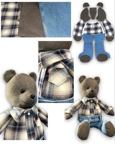 the teddy bear is wearing a plaid shirt and jeans