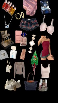 an assortment of clothing and accessories arranged in the shape of a woman's body