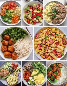 many different plates of food including pasta, vegetables and meats are shown in this collage