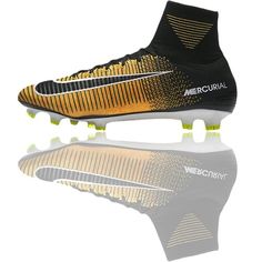 the nike mercurial fg soccer cleat is shown in gold and black